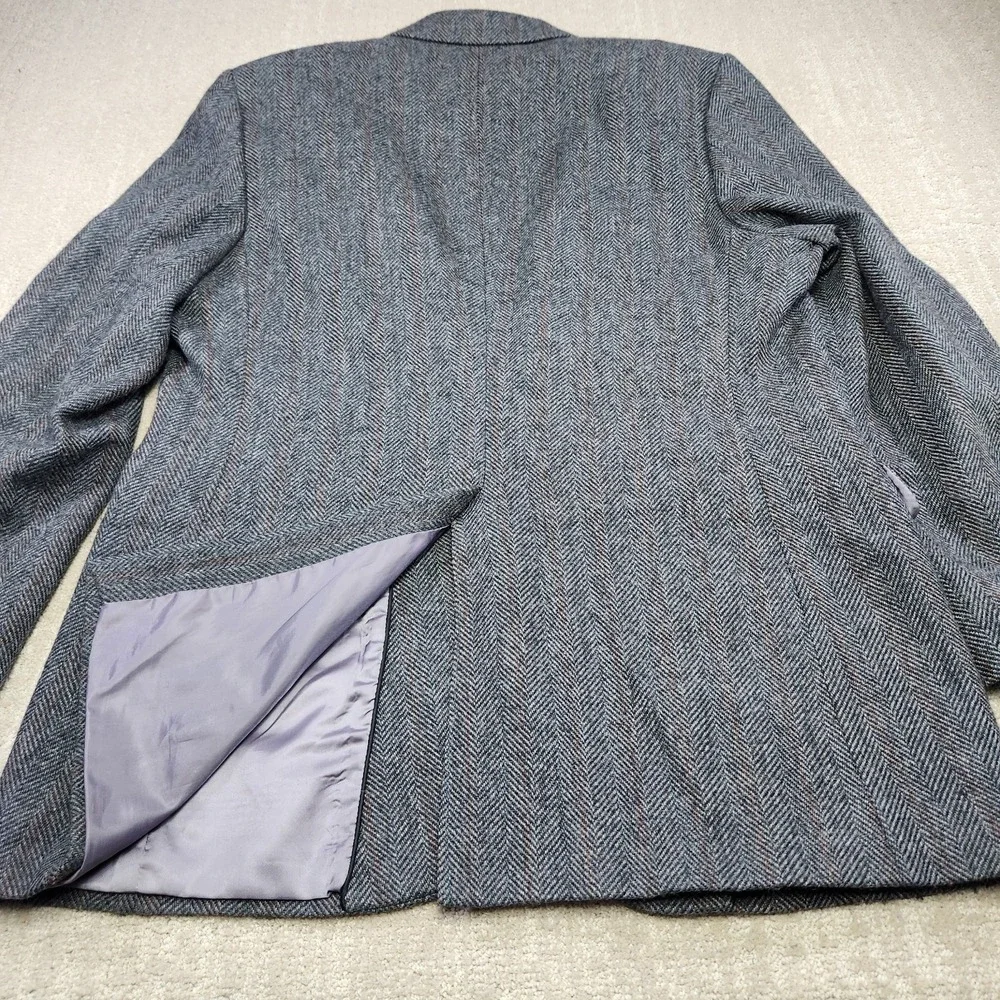 Vintage Herringbone Tweed Blazer Men 44L Leather Button Gray Wool‎ Sport Coat